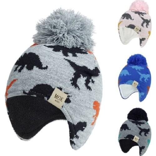 Toddler Cartoon Dinosaur Earflap Cap Kids Winter Ear Warmer Hat Cute Knitted Baby Hat Thick Warm Cap Winter Ear Warm Beanie H244