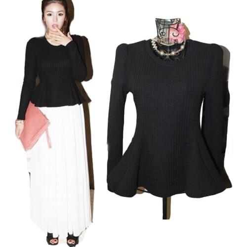 Punk Gothic Cute Kawaii Black Peplum Top Round Neck Puff Sleeve Padded Shoulders Shaped Skirted Blouses t Shirts