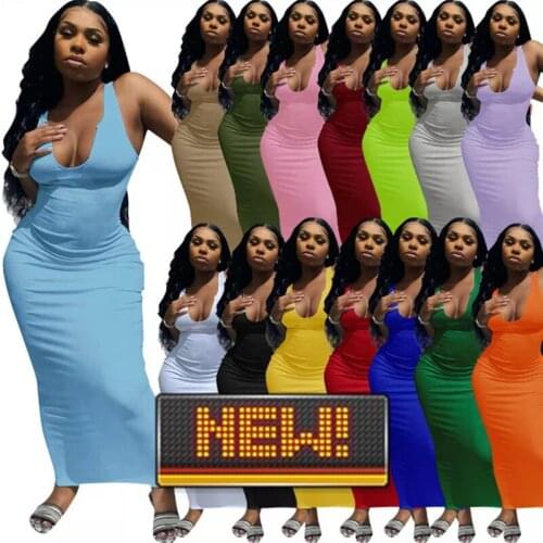 Solid Ribbed Knitted Dress Women Sleeveless Long Maxi Dress 2021 V Neck Bodycon Sexy Party Club Robe Casual Summer Vestidos
