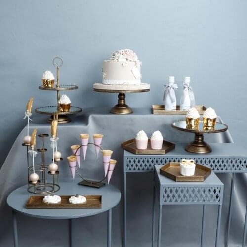 Vintage gold dessert table decoration metal glass mirror multi-layer birthday cake plate wedding decoration decoration