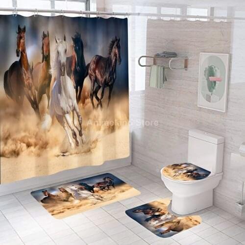 War Black Horses Shower Curtain Animal Bathroom Curtain Bath Set Toilet Cover Mat Non-Slip Washroom Rug Set Modern 180x180cm