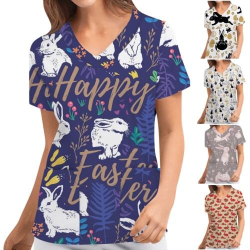2021 Casual Women Easter Print Cute Rabbit Nursing Scrubs Tops Shirt Short Sleeve Pocket V Neck Women T Shirt Nurse Uniform Tops