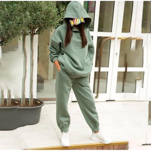 2021 NEW Hoodie 2 Pieces Set Women Autumn Solid Oversized Sweatshirt Set Casual Long Sleeve Fleece Tops Tracksuit Suit Outfits