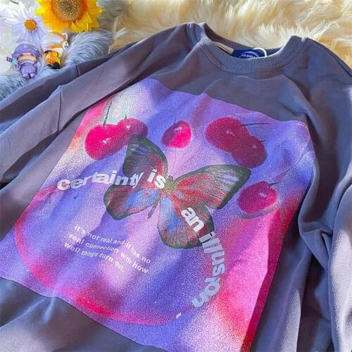 Vintage Goth Cherry Butterfly Printed Sweatshirt Women Hip Hop Streetwear Fashion Long Sleeve Tops 2021 Autumn New Teens Clothes