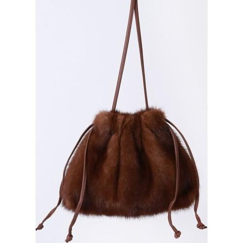 Winter Real Mink Fur Bucket Bag Women Ladies Soft Furry Shoulder Bag
