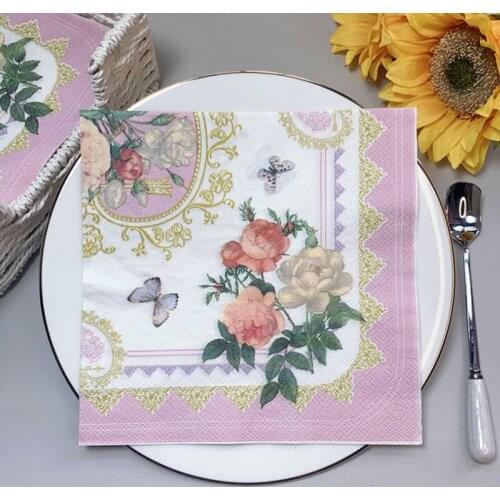 20Pcs/Pack Floral Butterfly Table Decoupage Paper Napkins Pink Napkin Paper Tissues for Wedding Party Supplies Wholesale