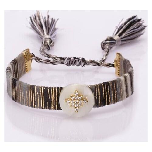 White CZ Shell ethnic boho soft cotton silk tassel wristband adjustable bracelet daily jewelry for woman gift