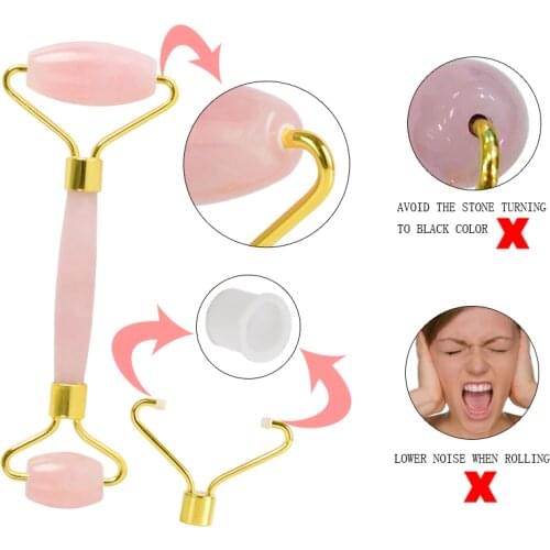 Noise Free Set Natural Rose Quartz Face Massage Roller GuaSha Scraping Massage Stone Remove Wrinkle Slimming Tool