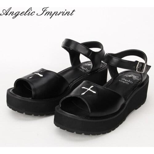 2016 Summer New Arrivals Gothic Punk Lolita Sandals Black Leather Cross Wedge Platform Sandal Shoes