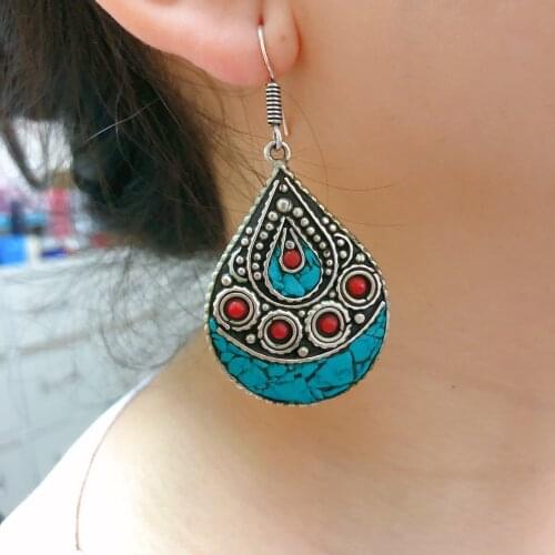ER150 Nepal Big Water Drop Tibetan Silver Inlaid Turquoises Stone Earring Ethnic Tibetan Gift For Lady