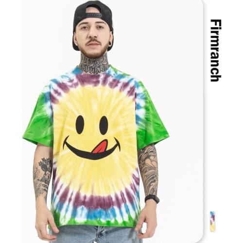 Firmranch 2021 Tee For Men/Women Tie-dye Print Cotton T-shirt Slime Face Japanese Rocky High Street bandhnu Style Short Sleeve