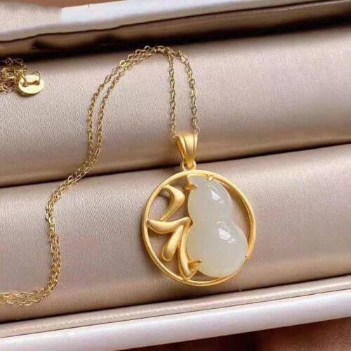 Natural Hetian Jade Necklace Womens Lucky Pendant Sterling Silver to Give Mom Birthday Gift for the Elderly and Elders