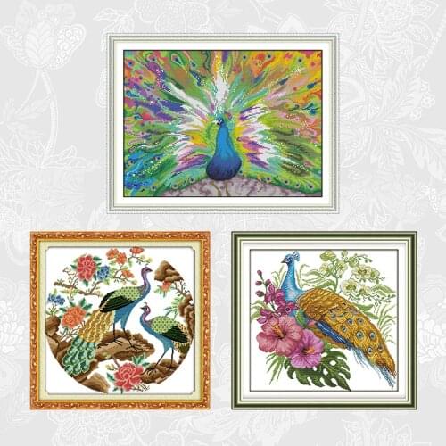 Joy sunday Peacocks Cross Stitch Printed Fabric DMC 11CT 14CT DIY Handmade Needlework Animal Cross-stitch Kits Embroidery Sets
