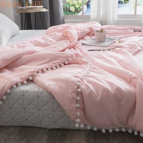 Summer throw Quilts fresh pink patchwork quilt stitching small balls duvet 1pc soft bedspread solid bed cover pastoral bed linen