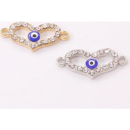 8pcs Handmade Rhinestone Blue Eyes Hearts Metal Connectors Pendants DIY Charms For Jewelry Crafts Woman Bracelet Making 25*10mm