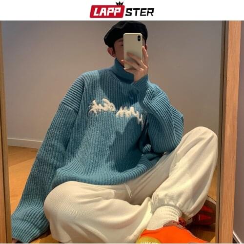 LAPPSTER Men Harajuku Oversized Knitted Sweater 2021 Mens Vintage Turtleneck Black Pullovers Man Y2k Distressed Hip Hop Sweaters