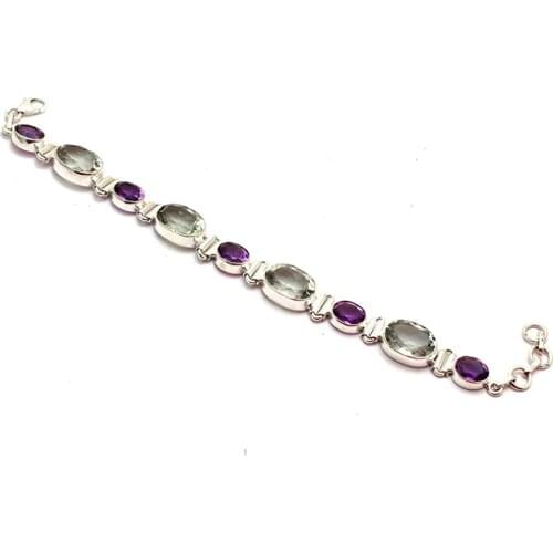 Genuine Amethyst + Green Amethyst Bracelet 925 Sterling Silver, 20 cm, GRP0261