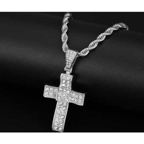 NEW Bling Cross Pendant Iced Out Black/White Crystal Charm Gold color Chain Men Necklace Fathers Day Gift Hip Hop Jewelry