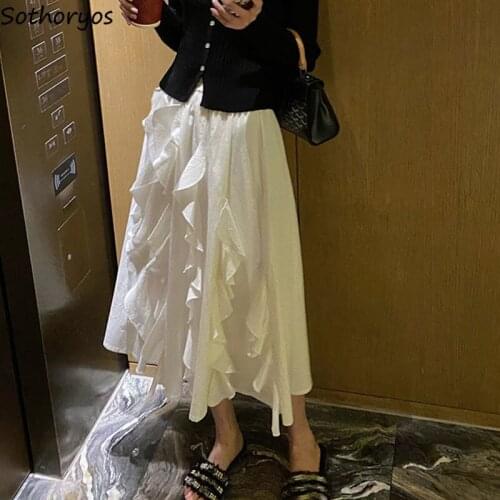 Solid White Women Skirts Elegant Ruffles Trendy Casual All-match Students Korean Style Fresh A-line Empire Sweet Design Chic Ins