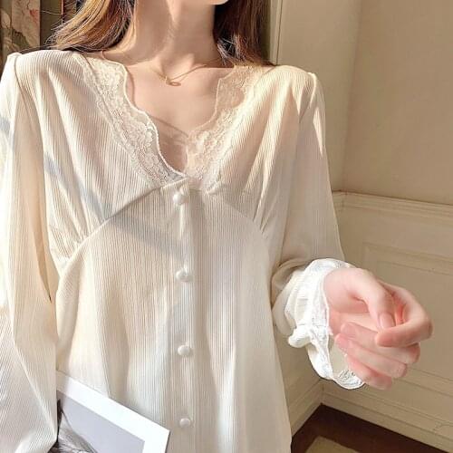 Pajama Sets Solid Lace V-neck Women Sweet Cute Kawaii Sleepwear Casual Long Sleeve Home Lounge Wear Loose Leisure Sexy Leisure