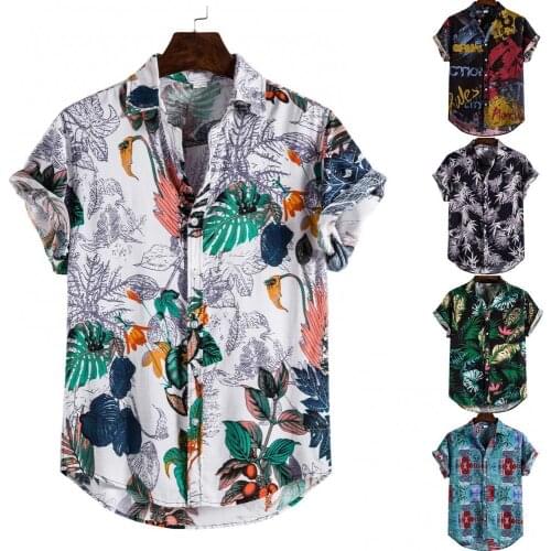 Plus Size Hawaiian Shirts Men Floral Print Short Sleeve Shirts for Men Cotton Blend Casual Lapel Shirts Men Tops Mens Clothing