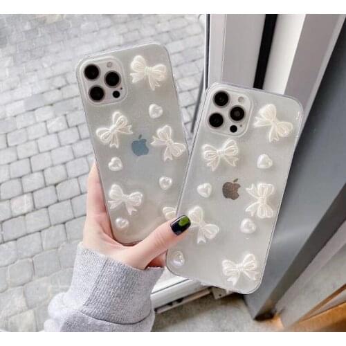 Luxury Glitter Pearl Bowknot Phone Case for iPhone 11 12 Pro Max Xs Max Xr 7 8plus Transparent Love Heart Tpu Back Cover