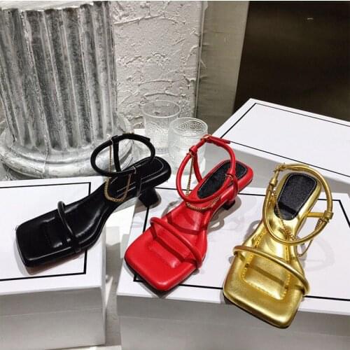 Kitten heel Ankle Chain Sandals Open Square Toe White Leather Shoes Summer Soft Leather Comfort Sandals Ladies Gold Party Shoes