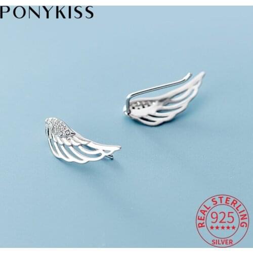 PONYKISS Classic S925 Sterling Silver Feather wings Zircon Clip Earrings for Women Anniversary Accessory Gift Fine Jewelry