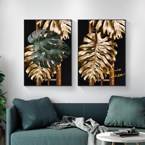 Nordic Plants Golden Leaf Canvas Painting Botanical Posters and Print Abstract Wall Art Pictures for Living Room Modern Decor