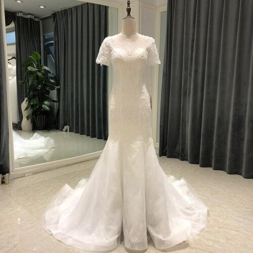 SL-6832 real picture mermaid wedding dress 2021 heavy beading tulle short sleeves bridal gowns tulle off white wedding gowns