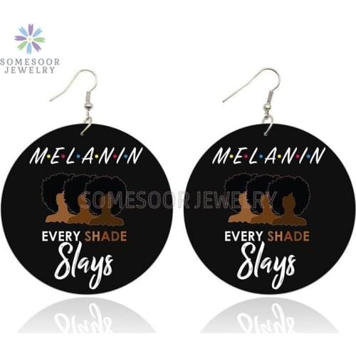 SOMESOOR Melanin Every Shade Slays African Wooden Drop Earrings Both Sides Printed Afro Curls Black Sisters Design For Women