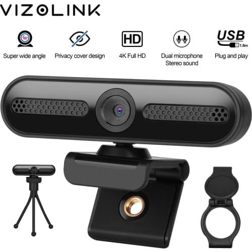 VizoLink W8D Webcam Real 4K UHD 3840*2160P 800W Pixels Wide Angle Camera with 2 Microphones and Tripod for Video Conference