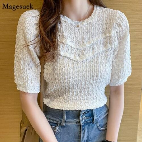 Summer O Neck Puff Short Sleeve Pleated Chiffon Blouse Women 2021 Korean Vintage Slim Top Female Casual Lace Woman Shirts 14349