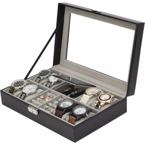 8+3 Mixed Grids Watch Box Pu Leather Suede Inside Word Buckle Storage Jewelry Display Storage Mens Case