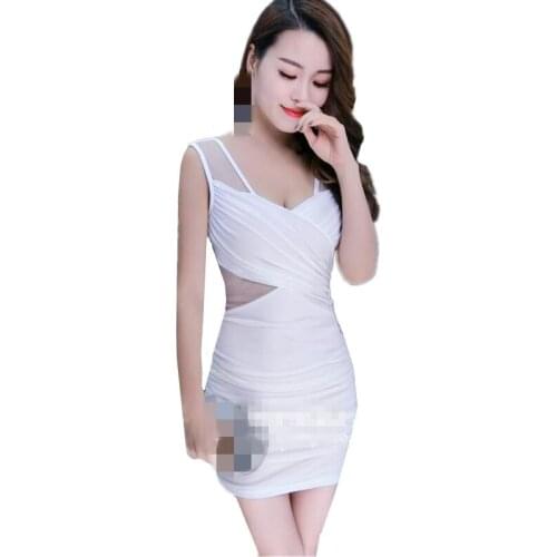 B2338 summer 2020 new women Nightclub sexy v-neck sleeveless waist net yarn to show thin package hip dress cheap wholesale