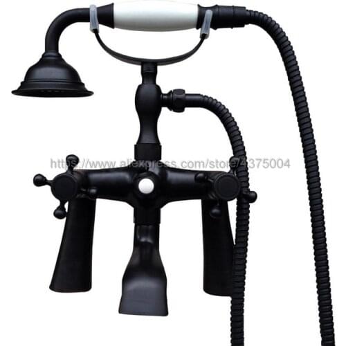 Black Oil Rubbed Brass Dual Handle Bathroom Tub Faucet Deck Mounted Bathtub Mixer Taps with Handshower Ntf500