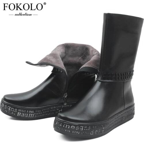 FOKOLO Mid-Calf Boots for Women New Round Toe Genuine Leather Boots Winter Short Plush lining Waterproof platform lady shoes X11