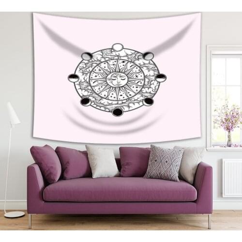 Tapestry Moon Sun Stars Cloudy Night Sky and Lunar Phases Oriental Mystic Artwork Printed Black White