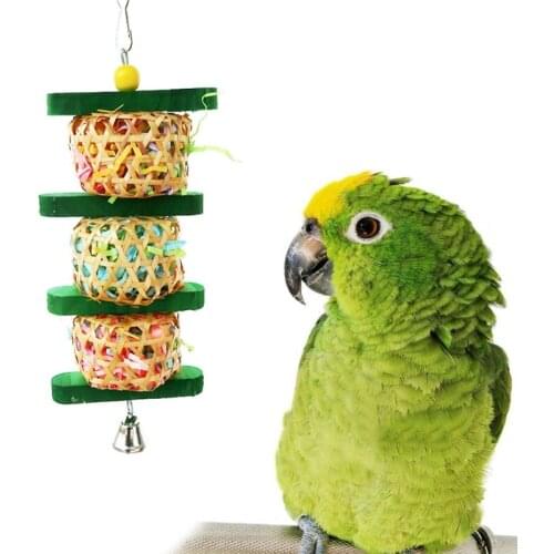 Parrot Shredder Paper Toys Cage Accessories Hanging Wood Rattan Foraging Chewing Toy Bird Bite with Bells Toy