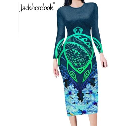 Jackherelook Long Sleeve Bodycon Dresses for Womens Hawaii Turtle Hibiscus Samoan Print Elegant Ladies Stretchy Slim Dress 2020
