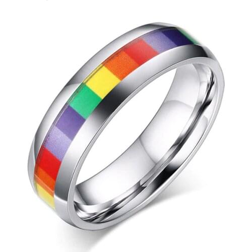 Personalise Lgbt Ring For Women Men 6mm Stainless Steel Jewelry Rainbow color sticker Rings wedding bague femme