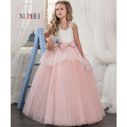 Princess Lace Flower Girl Dresses Big Bow Floor Length Girls Pageant Dresses First Communion Dresses Ball Gowns For Girls