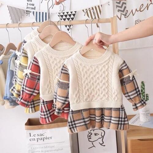 Pretty Princess Autumn Winter Warm Thicken Full Sleeve Plaid Knitting Bow Dresses Toddler Kids Baby Girl Sweater 6M-5Y