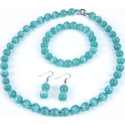 Natural Opal 10mm Green Bead Set Chain Opal Necklace Bracelet Earrings 10mm Blue Bead Set Chain Female Jewelry Design