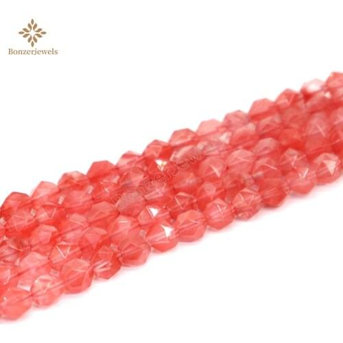 Natural Stone Diamonds Faceted Red Cherry Quartzs Loose Spacer Star Cut Polygon Beads for Jewelry Making DIY 15" Strand 6/8/10MM