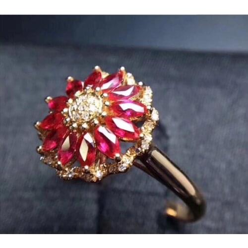 Natural ruby ring Natural and real ruby 925 sterling silver Fine pink gems 2.5*5mm*12pcs gems Flower style ring