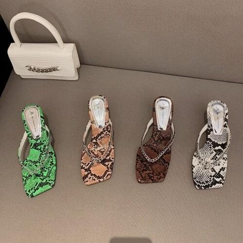 2021 Summer New Square Toe Open Toe Flip-Flops Sandals High Heels Mid-Chunky Heel Slippers