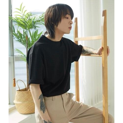 Solid color t-shirt mens summer cotton short sleeve loose round neck mens T-shirt Hong Kong fashion brand summer half sleeve