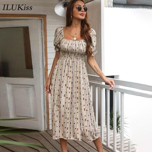 Vintage Short Sleeve Midi Dress Women Summer 2021 Fashion Casual Woman Off Shoulder Slim Print Office Ladies Dresses Elegant