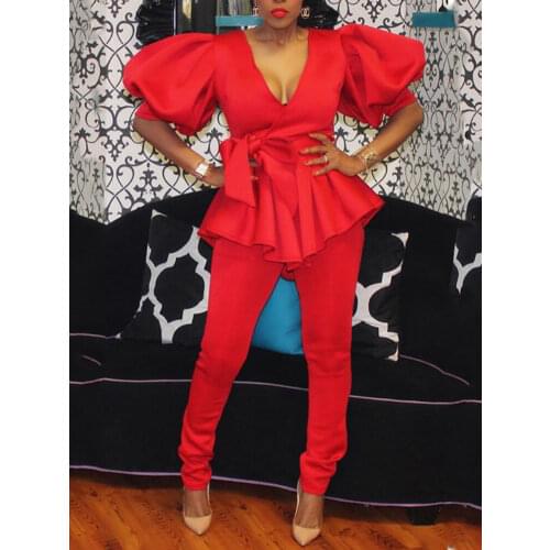 Sexy Women Two Piece Outfits Party Birthday Puff Sleeve with Waist Belt Ruffle Tops Pants Suit Casual Fashion Spring Summer Sets
